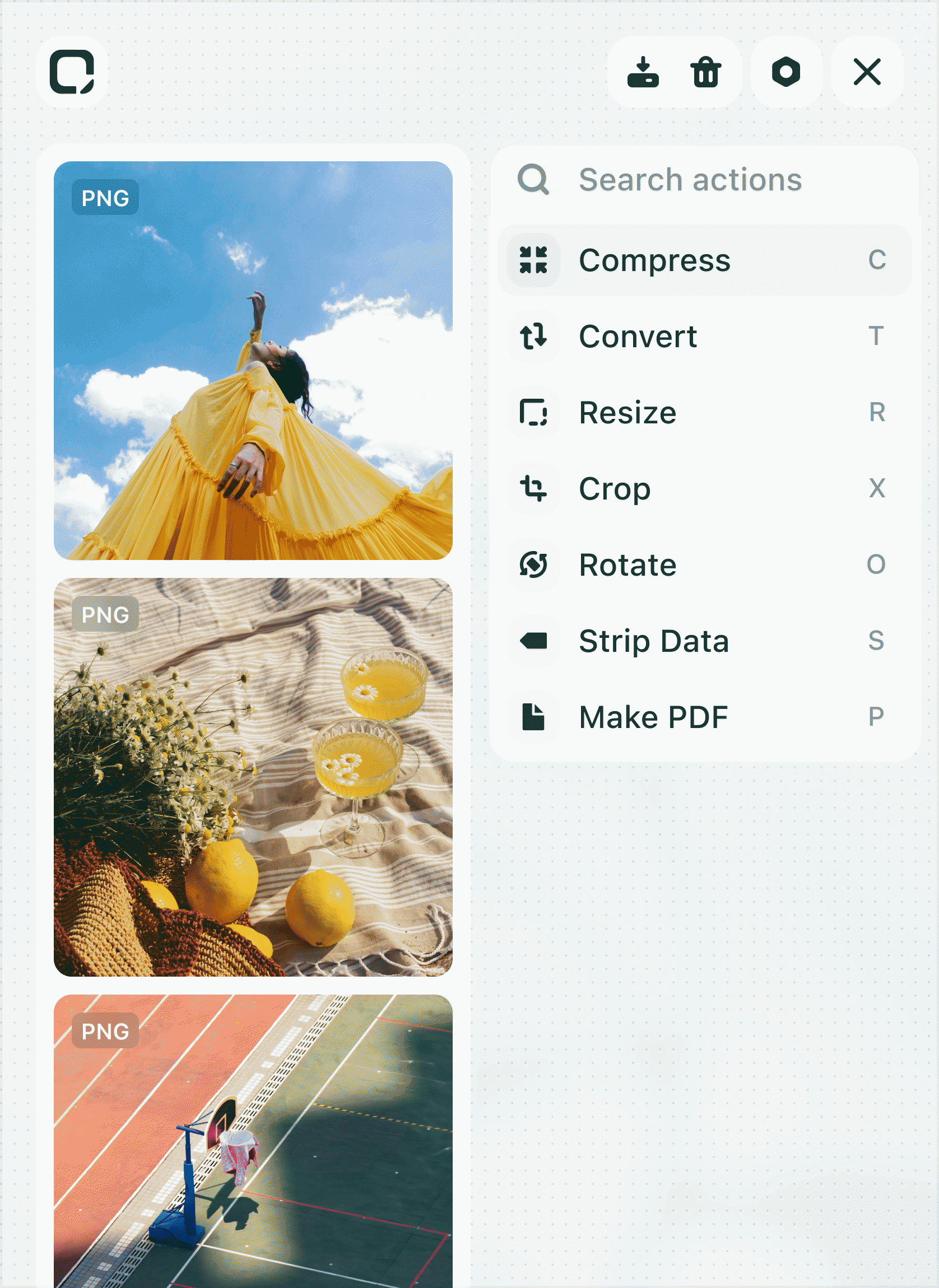Sift app interface showing file thumbnails and actions
